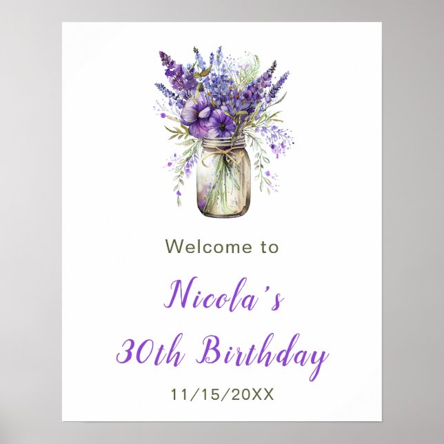 Póster Bienvenidos al cumpleaños de Lavender Mason Jar (Frente)