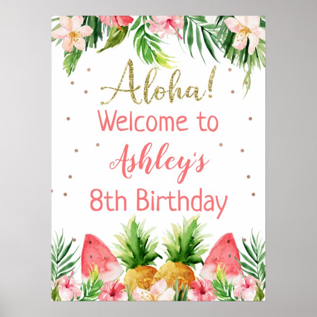 Póster Bienvenidos al cumpleaños de purpurina Aloha Flora (Frente)