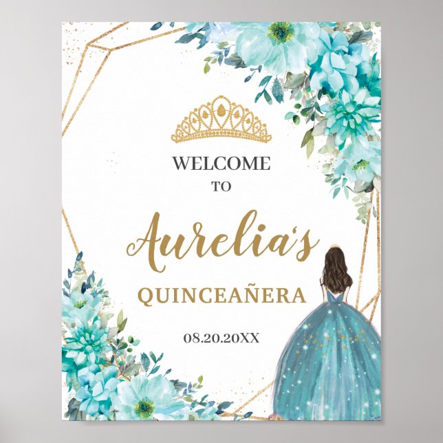Póster Bienvenidos al cumpleaños de Quinceañera Floral Az (Frente)