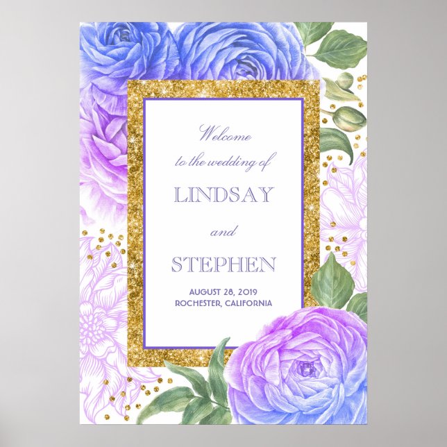 Póster Bienvenidos al Gold Confetti Floral Blue y Purple  (Frente)