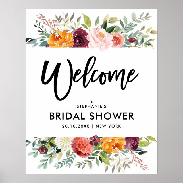 Póster Bienvenidos al otoño borgoña Rubor Floral Bridal d (Frente)