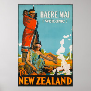 Póster Bienvenidos al Poster de Viajes de New Zeland Vint
