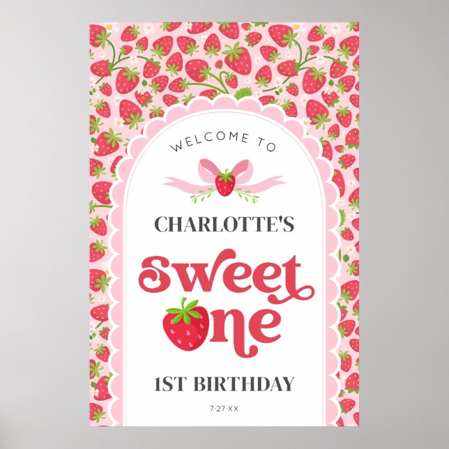 Póster Bienvenidos al primer cumpleaños de la fresa dulce (Frente)