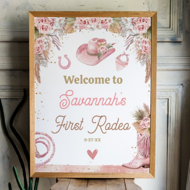 Póster Bienvenidos al Primer Rodeo del Boho Rosado Primer (Pink Boho First Rodeo 1st Birthday 18x24 Welcome Sign Poster)