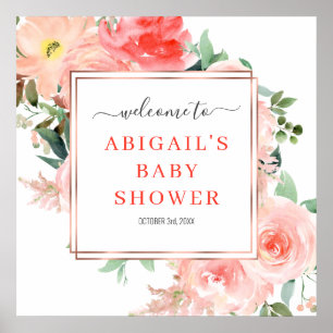 Póster Bienvenidos al Rótulo Baby Shower Coral Floral Wat