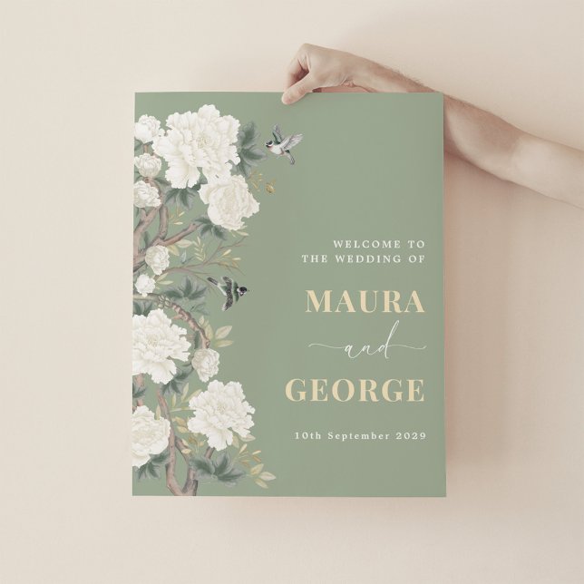 Póster Bienvenidos al Sage Green Chinoiserie Boda Floral (Subido por el creador)