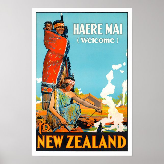 Póster Bienvenidos al viaje vintage de Nueva Zelanda (Frente)
