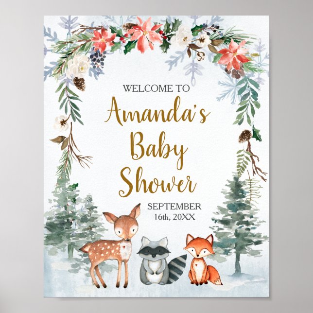 Póster Bienvenidos Animales del bosque Baby Shower Winter (Frente)