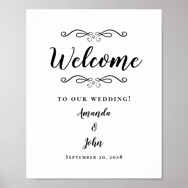 Póster Bienvenidos Boda Caligrafía Elegante Negro y Blanc (Frente)
