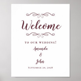 Póster Bienvenidos Boda Elegante Chic Caligrafía Burgundy