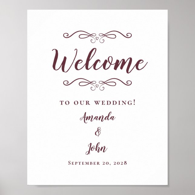 Póster Bienvenidos Boda Elegante Chic Caligrafía Burgundy (Frente)
