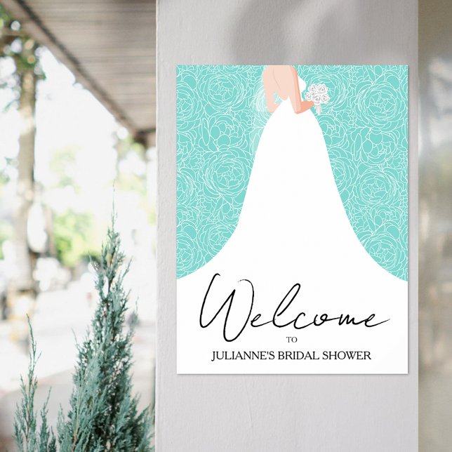 Póster Bienvenidos boda Gown Bridal Shower Turquoise (Bride in wedding gown on floral over turquoise bridal shower welcome poster, INSTANT DOWNLOAD, too)
