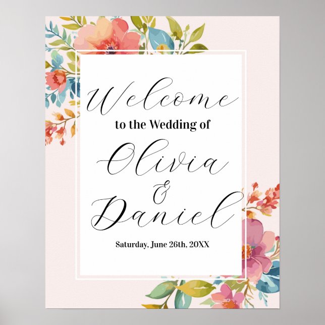 Póster Bienvenidos Boda Poster Rótulo Summer Florals (Frente)