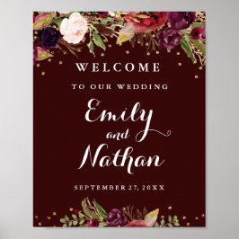 Póster Bienvenidos Boda Rótulo Burgundy Gold Floral Fall