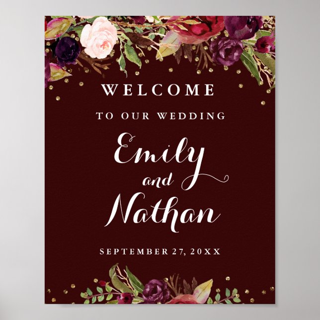 Póster Bienvenidos Boda Rótulo Burgundy Gold Floral Fall (Frente)