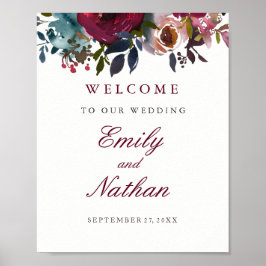 Póster Bienvenidos Boda Rótulo Burgundy Watercolor Floral