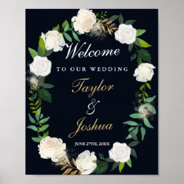 Póster Bienvenidos Boda Rótulo Navy Floral Wreath