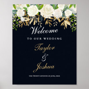 Póster Bienvenidos Boda Rótulo Navy Gold Floral