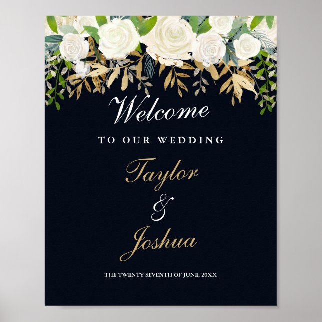 Póster Bienvenidos Boda Rótulo Navy Gold Floral (Frente)