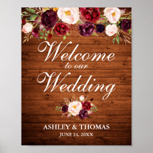 Póster Bienvenidos boda Rustic Wood Burgundy Floral