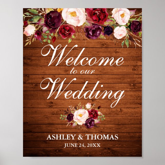 Póster Bienvenidos boda Rustic Wood Burgundy Floral (Frente)
