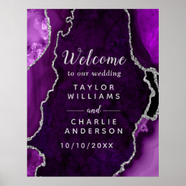 Póster Bienvenidos Bodas Agate morado y plateado