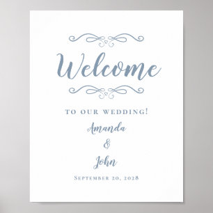 Póster Bienvenidos Bodas Caligrafía Elegante Azul Polvori