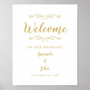 Póster Bienvenidos Bodas Caligrafía Elegante Dorado y Bla