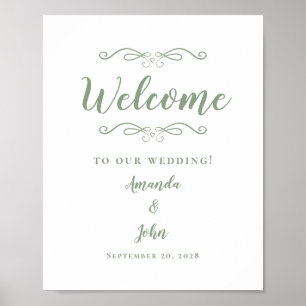 Póster Bienvenidos Bodas Caligrafía Elegante Verde Salvia