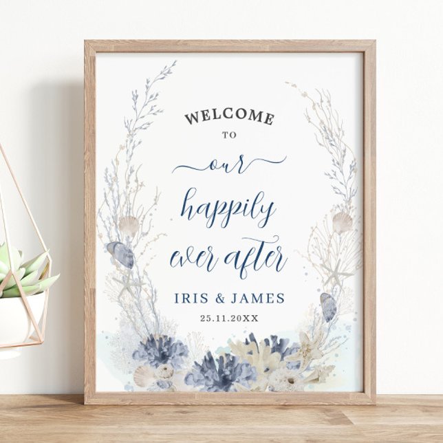 Póster Bienvenidos Bodas costeros de Boho Moda Beach (ethereal soft blue neutral beach destination beachside nautical resort wedding welcome sign poster)