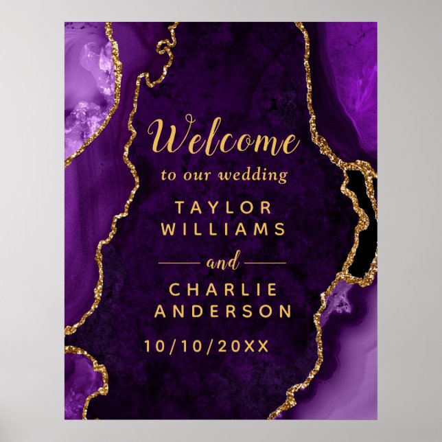 Póster Bienvenidos Bodas de Agate Purple y Gold (Frente)