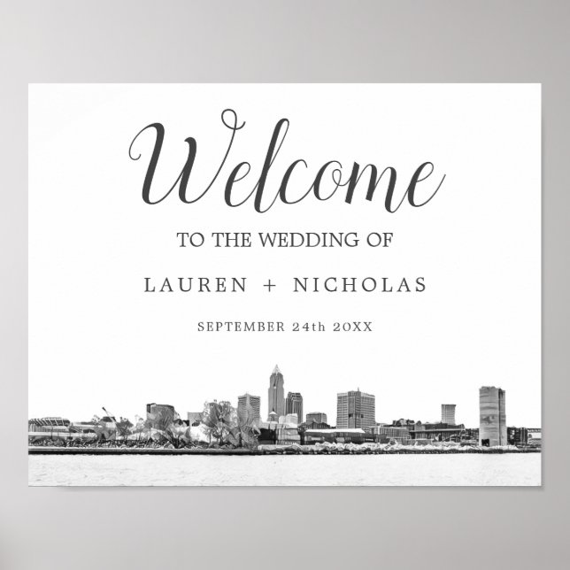 Póster Bienvenidos Bodas de Cleveland Skyline personaliza (Frente)