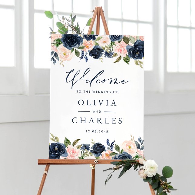 Póster Bienvenidos Bodas de Flores de Agua Rubor y Marina (Customizable floral wedding welcome sign featuring watercolor blush pink and navy blue flowers)