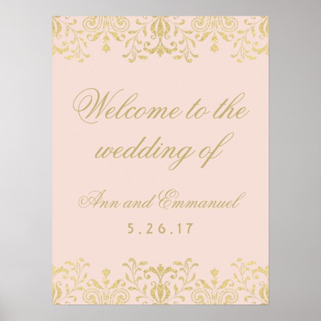 Póster Bienvenidos Bodas de glamour de Rubor y Gold Vinta (Frente)