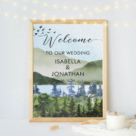 Póster Bienvenidos Bodas de la Montaña Green Watercolor