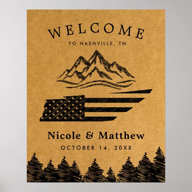 Póster Bienvenidos Bodas del Mapa de Montaña de Nashville (Frente)