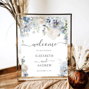 Póster Bienvenidos Bodas florales azules y blancos de mod