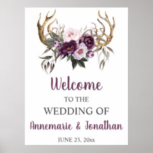 Póster Bienvenidos Boho Antlers Peonies Púrpura