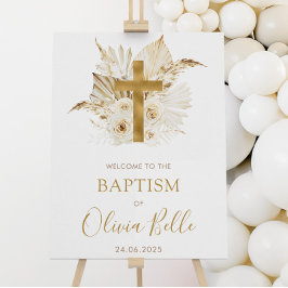 Póster Bienvenidos Boho Baptismo Floral de Palm Seca Neut