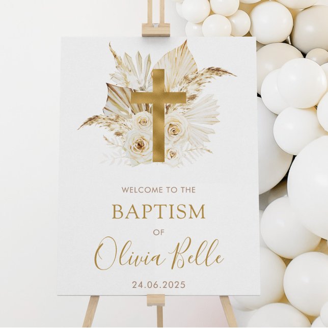 Póster Bienvenidos Boho Baptismo Floral de Palm Seca Neut (Boho Neutral Dried Floral Baptism Welcome Sign)