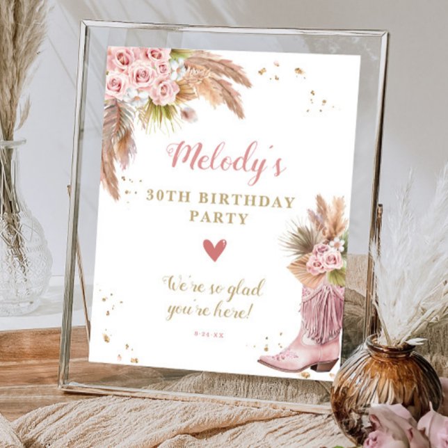 Póster Bienvenidos Boho Cowgirl Boot Pampas Grass Rosas (Boho Cowgirl Boot Pampas Grass Roses Welcome Poster)