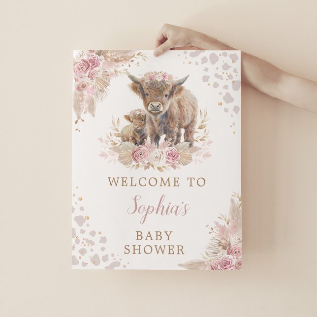 Póster Bienvenidos Boho Pink Highland Cow Baby Shower (Subido por el creador)