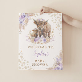 Póster Bienvenidos Boho Purple Highland Cow Baby Shower