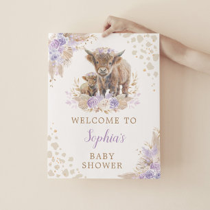 Póster Bienvenidos Boho Purple Highland Cow Baby Shower