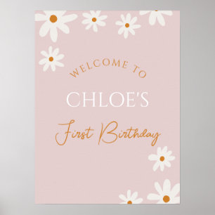 Póster Bienvenidos Boho Retro Pink Daisy Chica Primer Cum