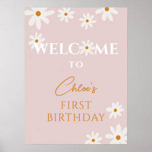 Póster Bienvenidos Boho Retro Pink Daisy Floral Chica