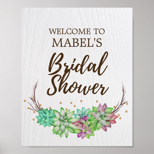 Póster Bienvenidos Boho Rustic Floral Succulum Bridal Sho (Frente)