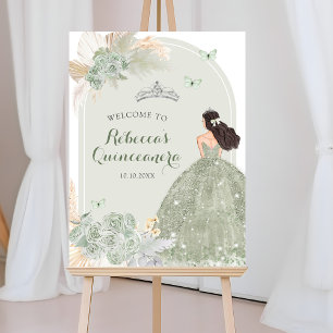 Póster Bienvenidos Boho Sage Green Floral Princess 15 Año