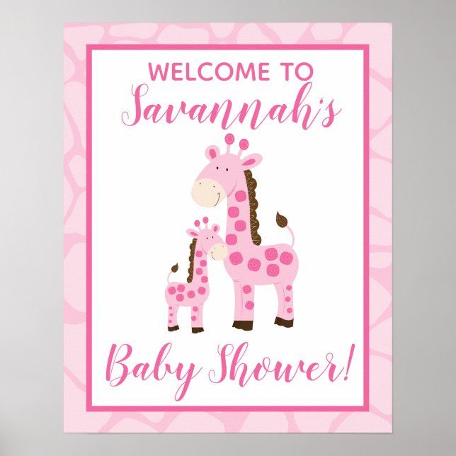 Póster Bienvenidos Chicas De Giraffe Rosa Al Rótulo Baby  (Frente)