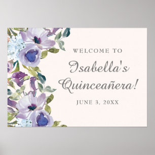 Póster Bienvenidos Elegantes Flores Azules Lilac Quinceañ